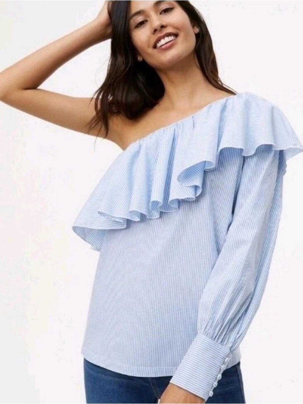 Anne Taylor Loft One-Shoulder Ruffle Pinstripe Blouse - Light Blue